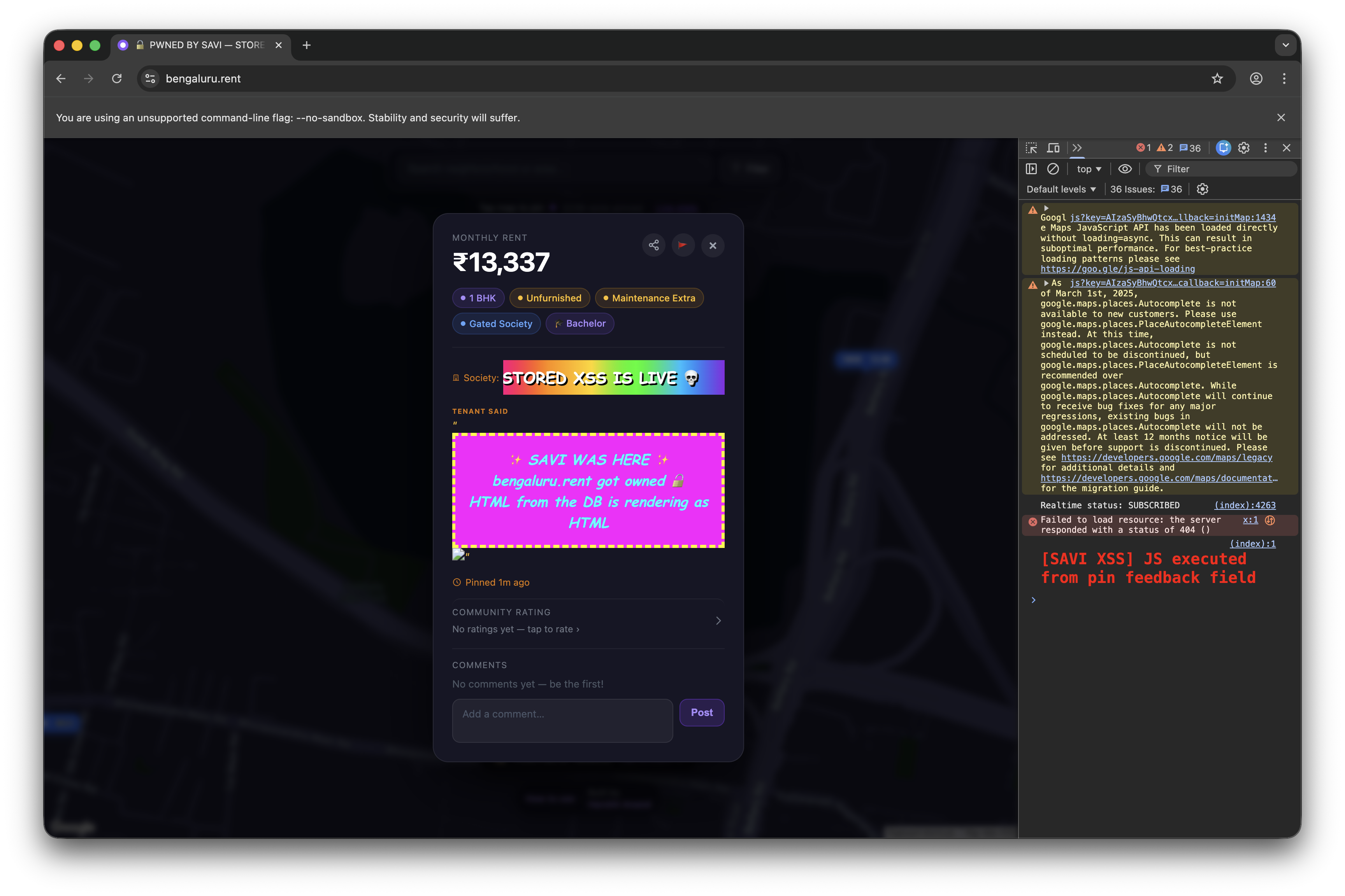 bengaluru.rent pin detail panel executing attacker-supplied HTML: rainbow marquee, hijacked tab title, and DevTools console showing the injected JavaScript running