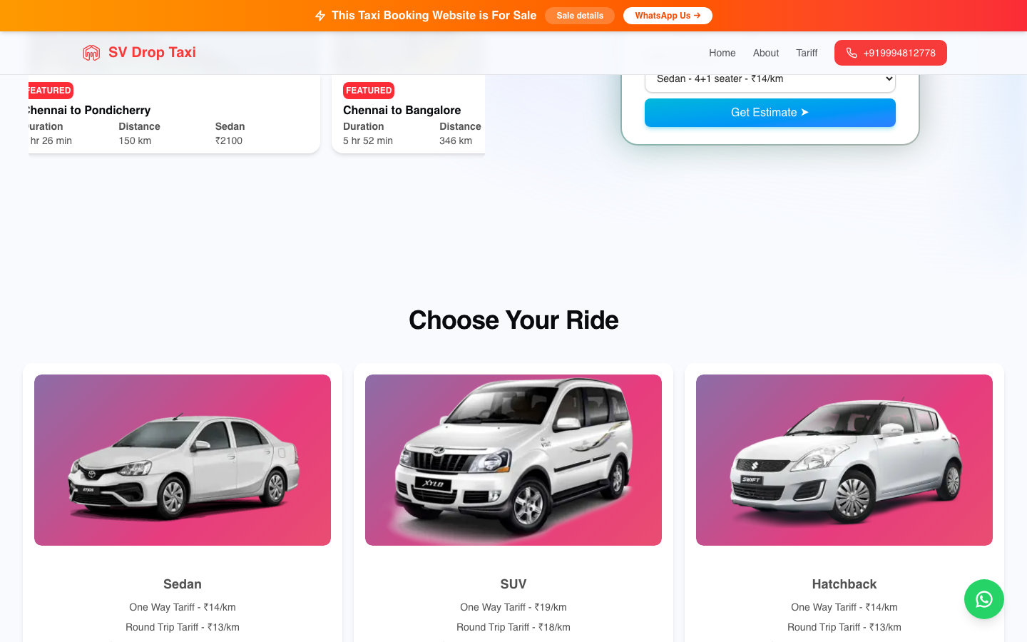 DropTaxi fare calculator showing route selection, car type picker, and fare breakdown