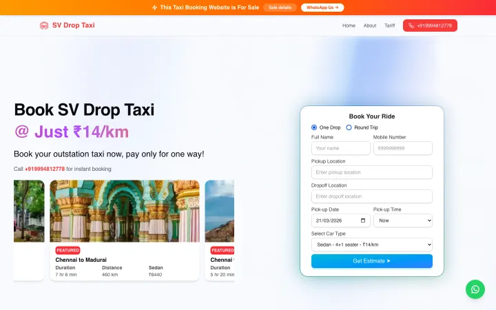 DropTaxi tenant booking page showing the fare calculator and city selection interface