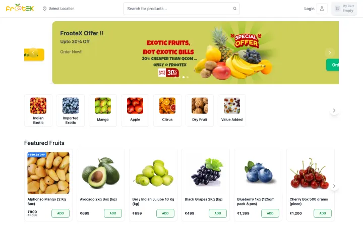 Frootex storefront landing page