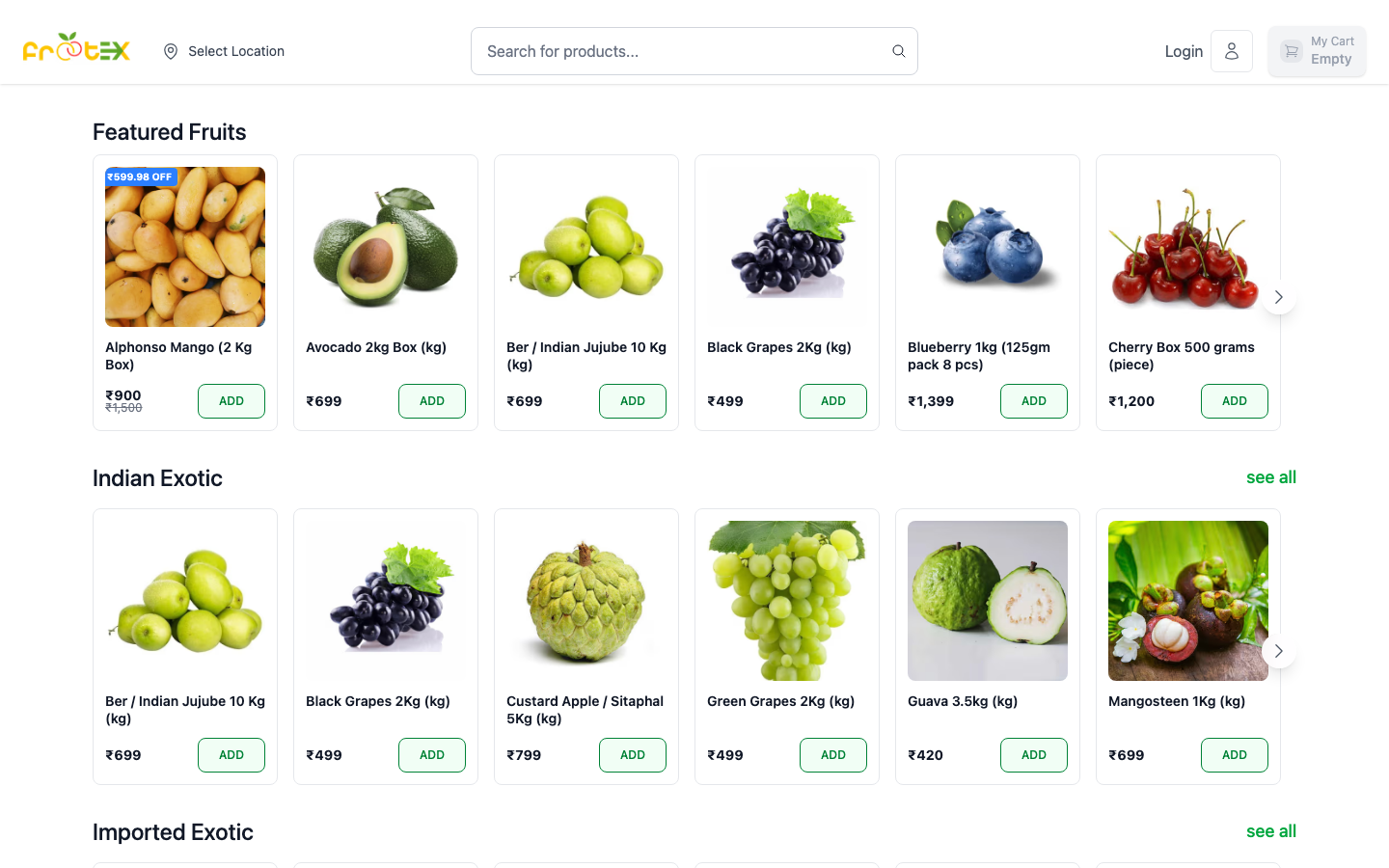 Frootex product listings with real-time inventory