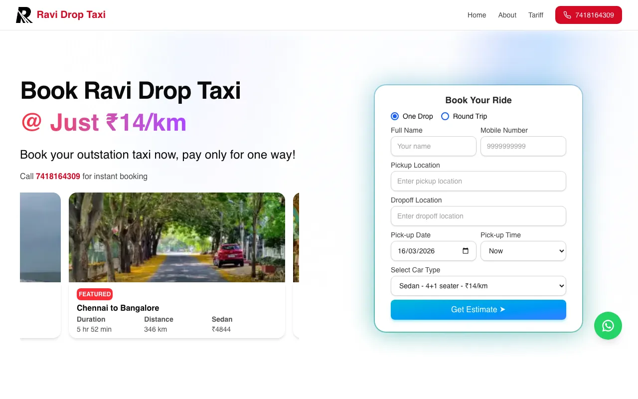 DropTaxi platform reference showing the booking interface